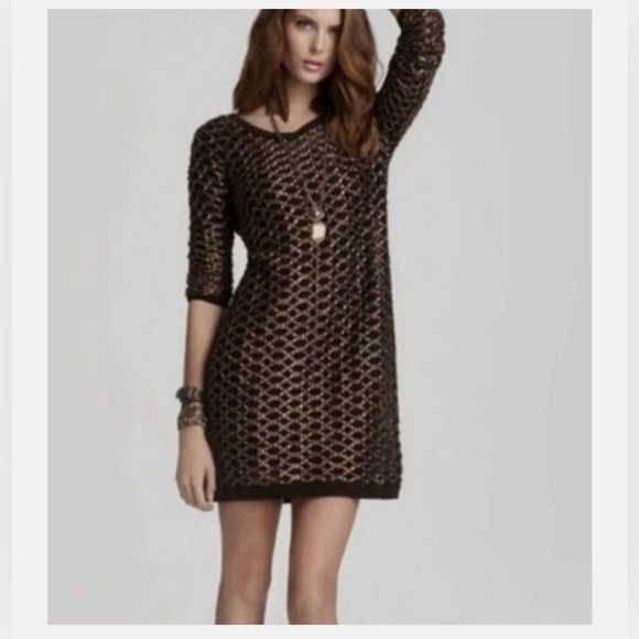 Free People New Romantics Sweater Dress Joan of Arc Brown Gold Long Sleeve Small - Picture 2 of 11